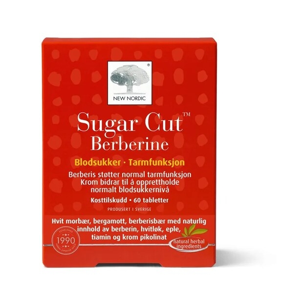 New Nordic Sugar Cut Berberine - 60 tabletter emballasje, fremhever fordeler for blodsukkerbalanse og tarmfunksjon. Inneholder naturlige urteingredienser som hvit morbær, bergamot og berberis.